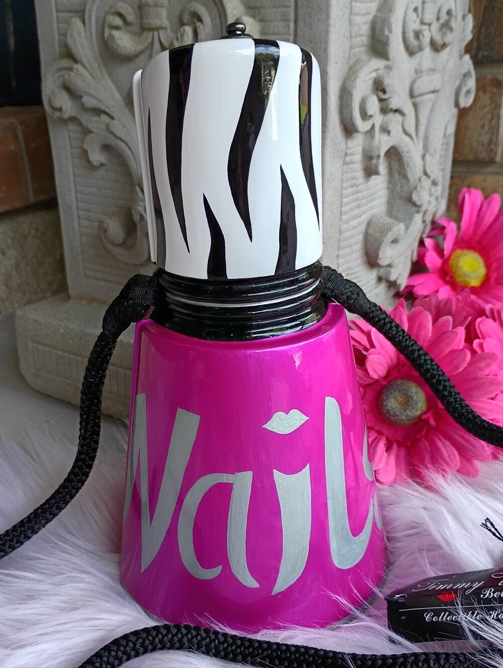 NEW Timmy Woods Signed Wooden Hot Pink & Zebra Print Nail Polish Bottle Bag